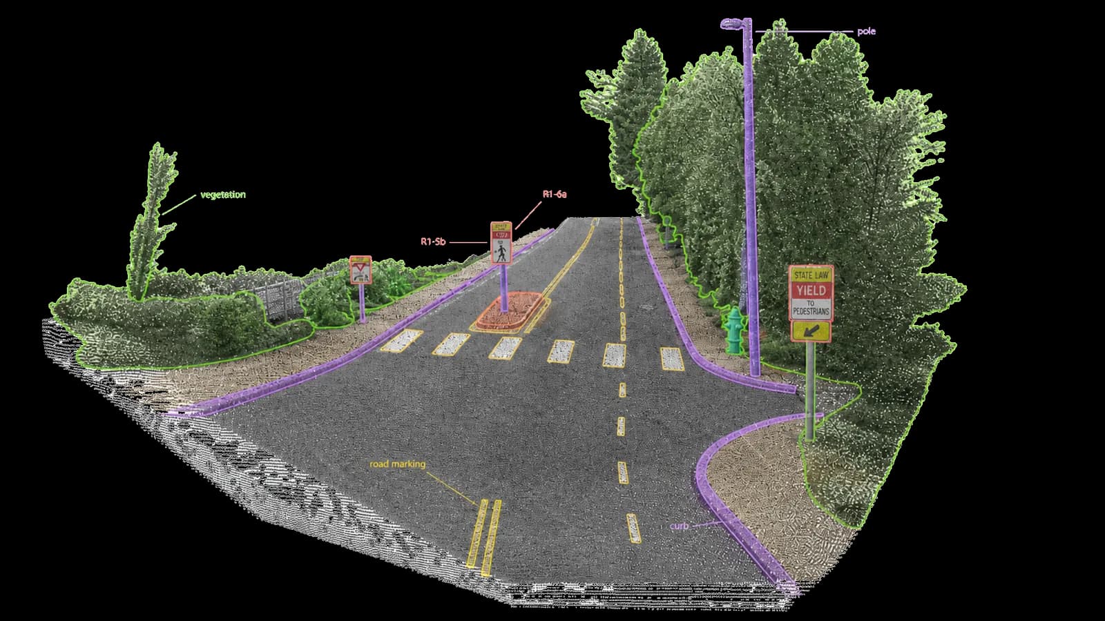 Arterial 3D depth-projection render of a city street with detected hazards, vegetation, signs, and curbs