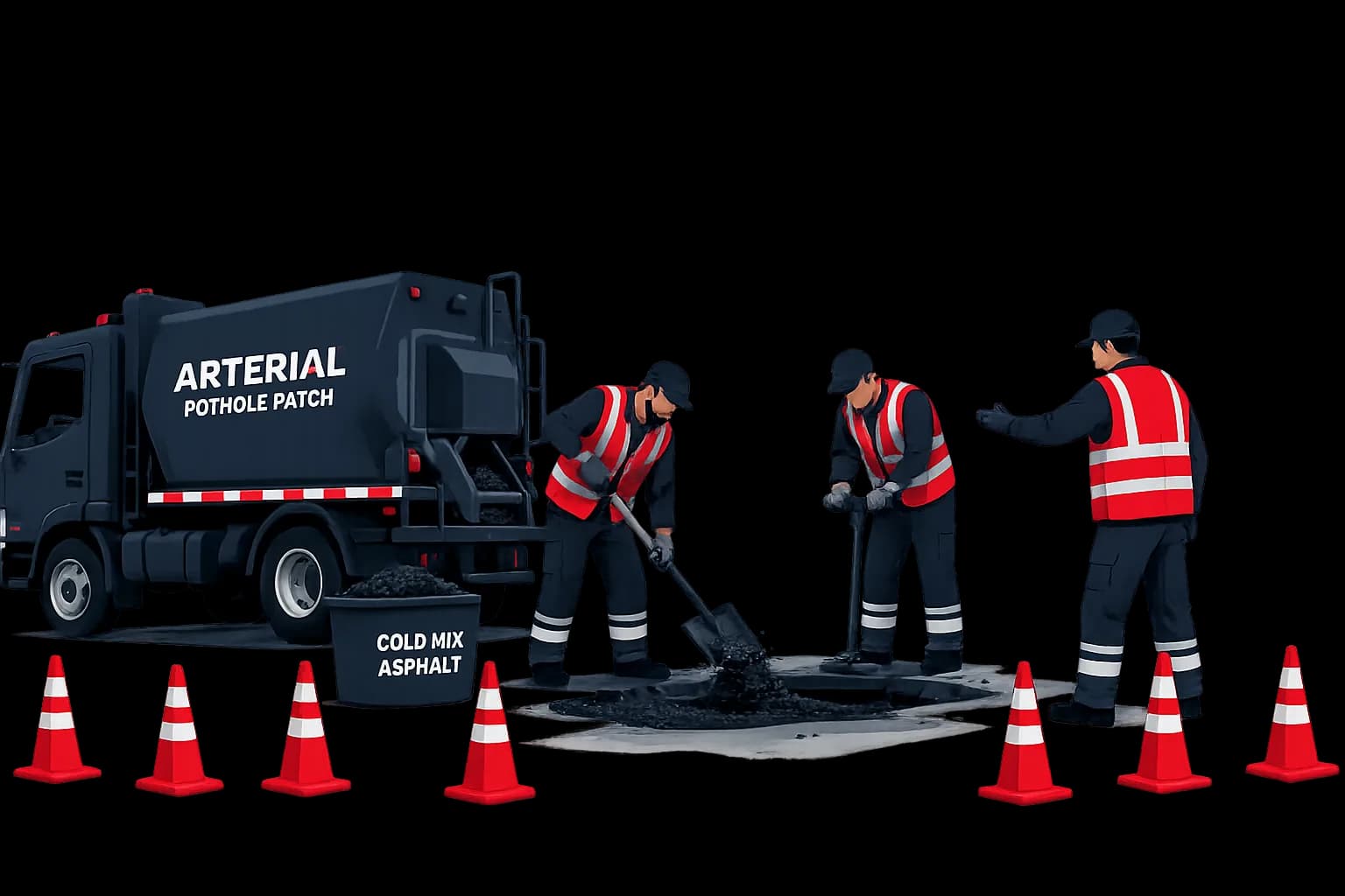 An Arterial crew patching a pothole, cones set out around the work area